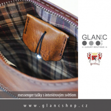 kožené messenger tašky značky PRATESI s interiérovým světlem, www.glancshop.cz - KRAFT Servis s.r.o.